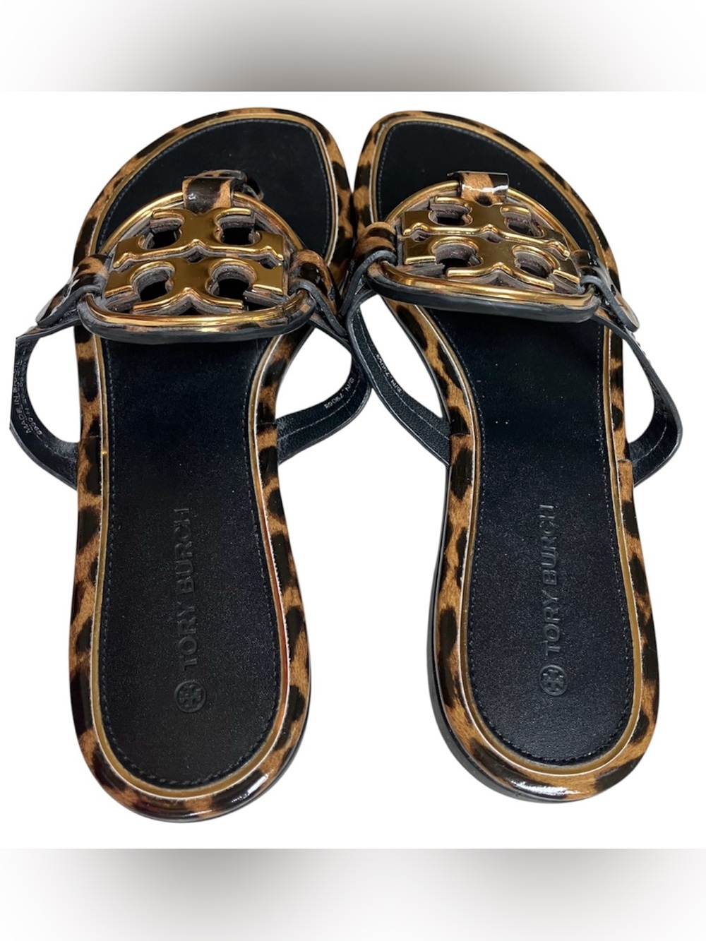 Tory Burch Miller Gold Metal Leopard Print Black Leather sandals 8 Luxury NWOB - Picture 5 of 11